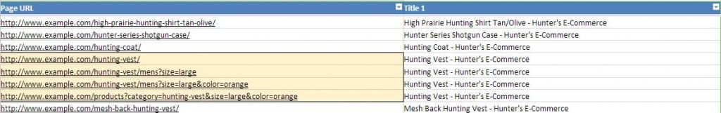 Example of duplicate content due to URL parameters, causing canonical keyword cannibalization
