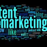 Content marketing concept in word tag cloud on black background